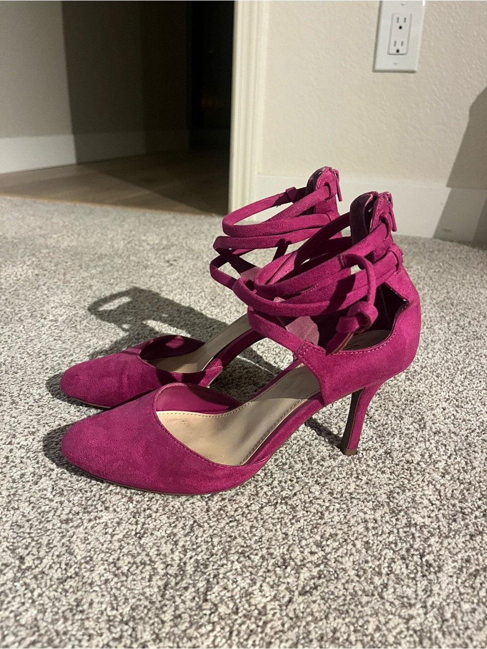 Women's Magenta Suede High Heel Sandals with Ankle Strap